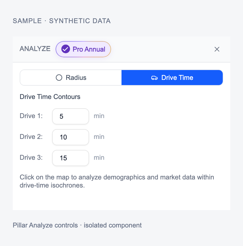 Pillar Analyze drive-time controls