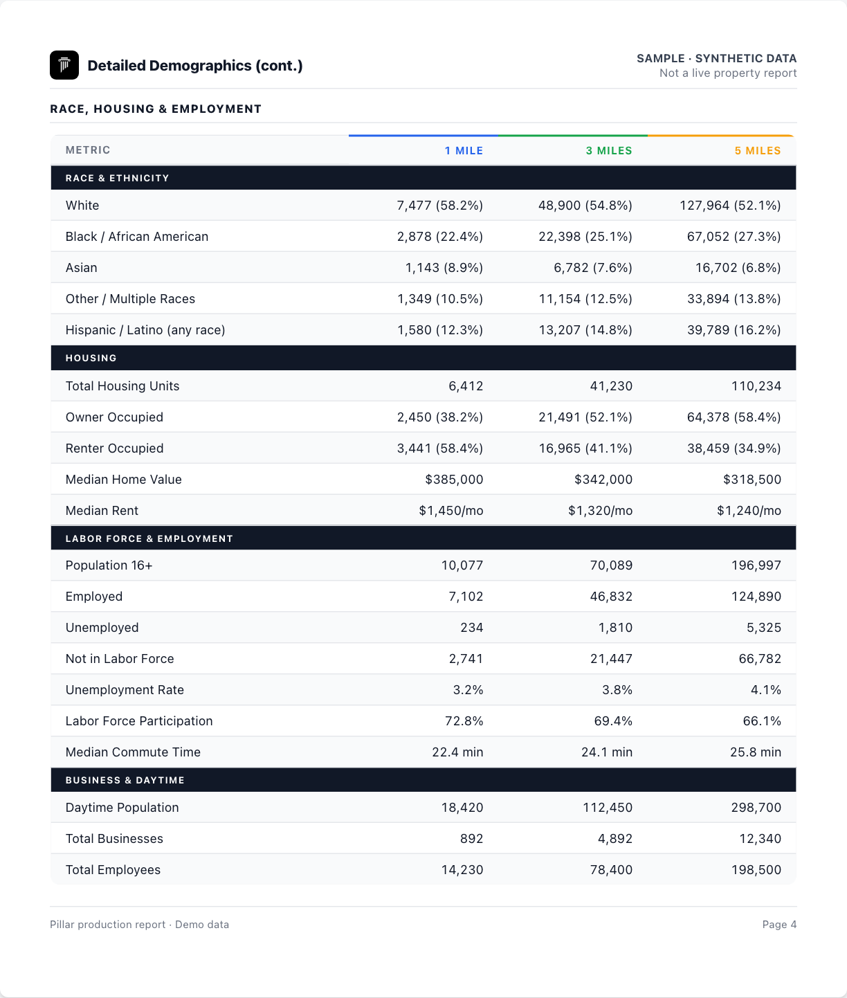 Pillar production demographic report showing housing, race and ethnicity, employment and business fields with synthetic data