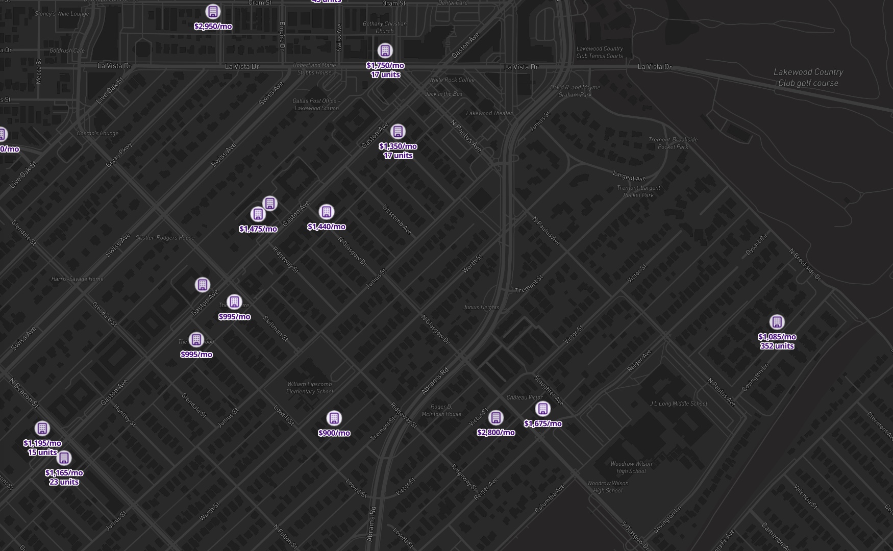 Apartments For Rent layer on the Pillar map in Dallas