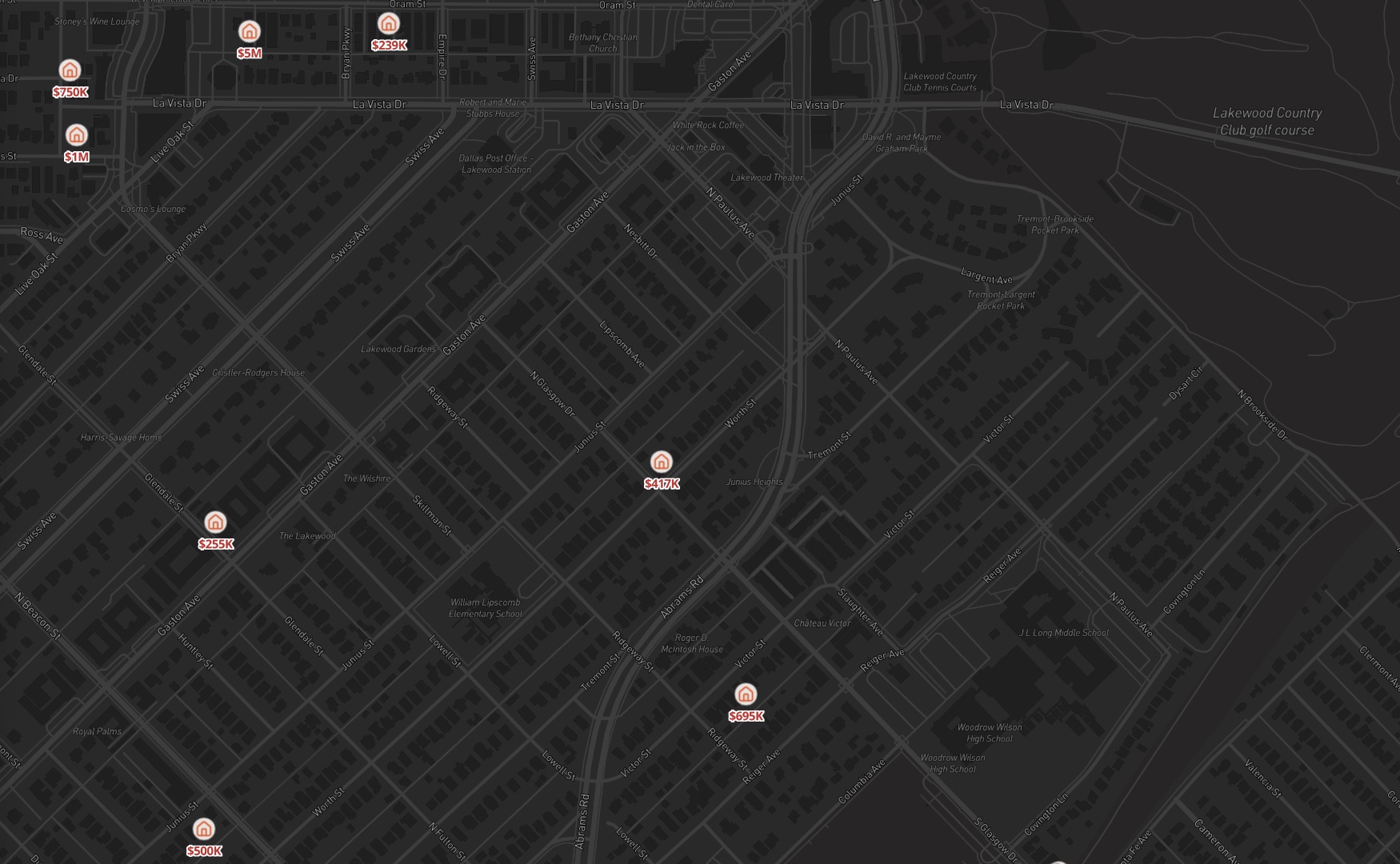 Homes For Sale layer on the Pillar map in Dallas