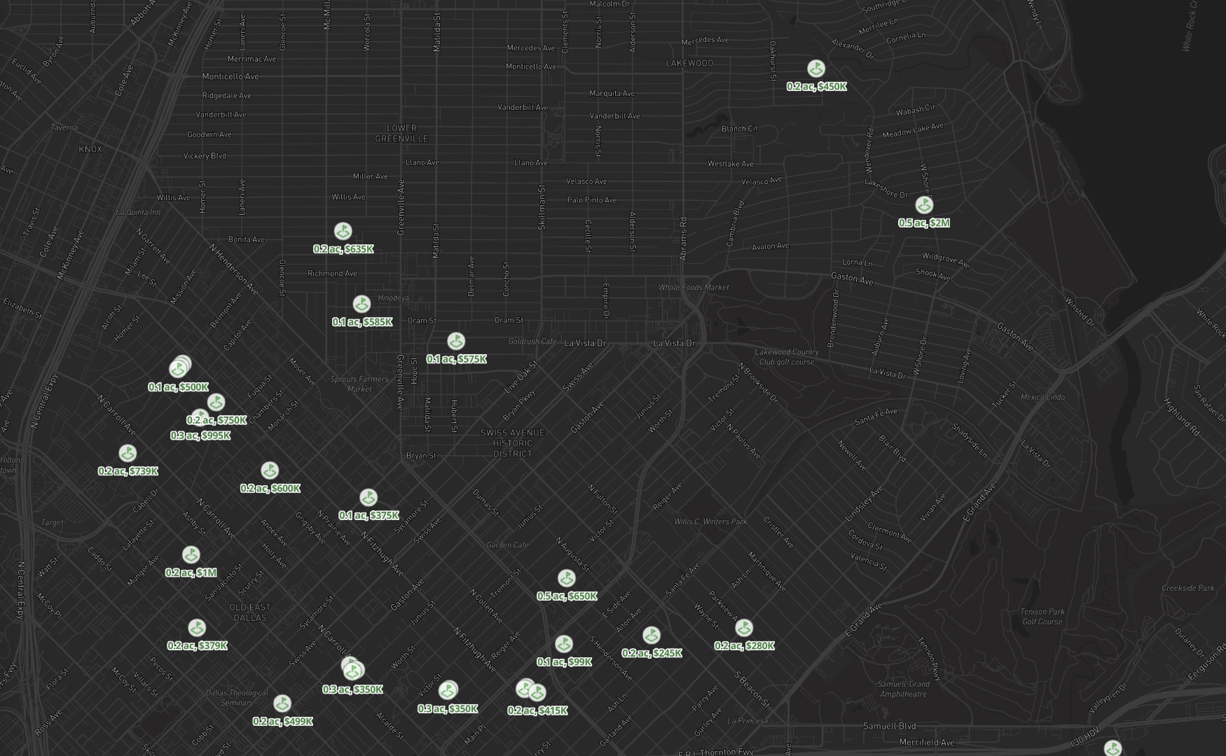 Land For Sale layer on the Pillar map in Dallas